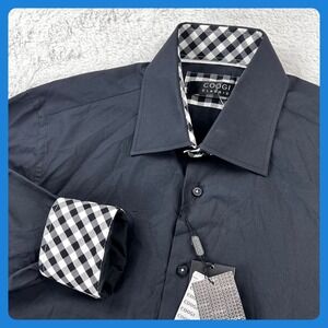 COOGI CLASSIC Dress Shirt Men's XL 17 17.5 Black White GINGHAM Collar Flip Cuff